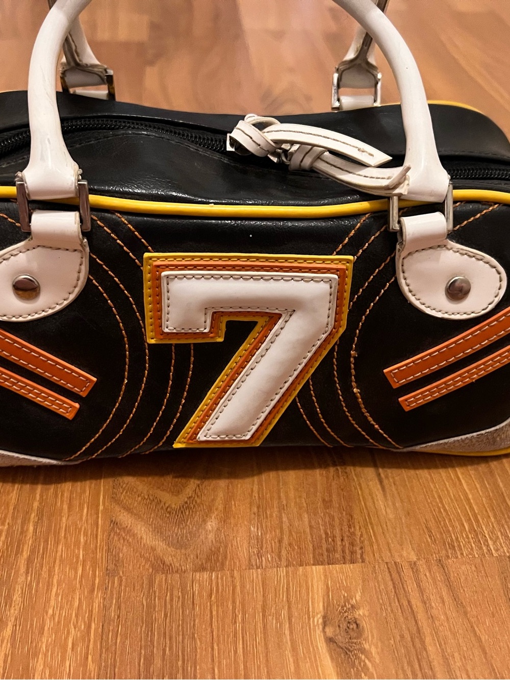 Nicole Hilton Black and White Bowling-Style Number 7 Satchel with White Handles
